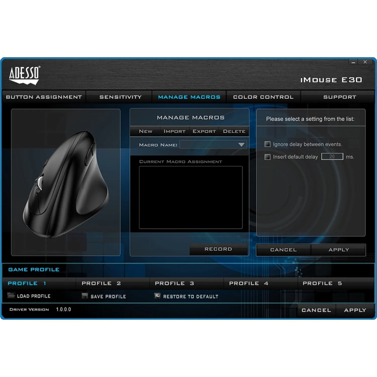 Adesso iMouse E30 2.4 GHz Wireless Vertical Programmable Mouse