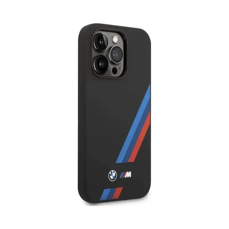 BMW iPhone 14 Pro M Collection Magsafe  Liquid Silicone Case Slanted Tricolor Stripes - Black
