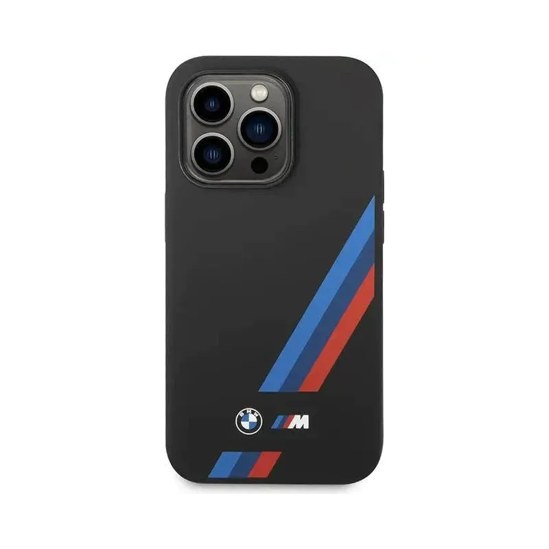 BMW iPhone 14 Pro M Collection Magsafe  Liquid Silicone Case Slanted Tricolor Stripes - Black