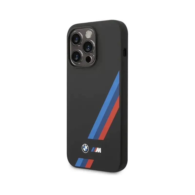 BMW iPhone 14 Pro Max M Collection Magsafe  Liquid Silicone Case Slanted Tricolor Stripes - Black