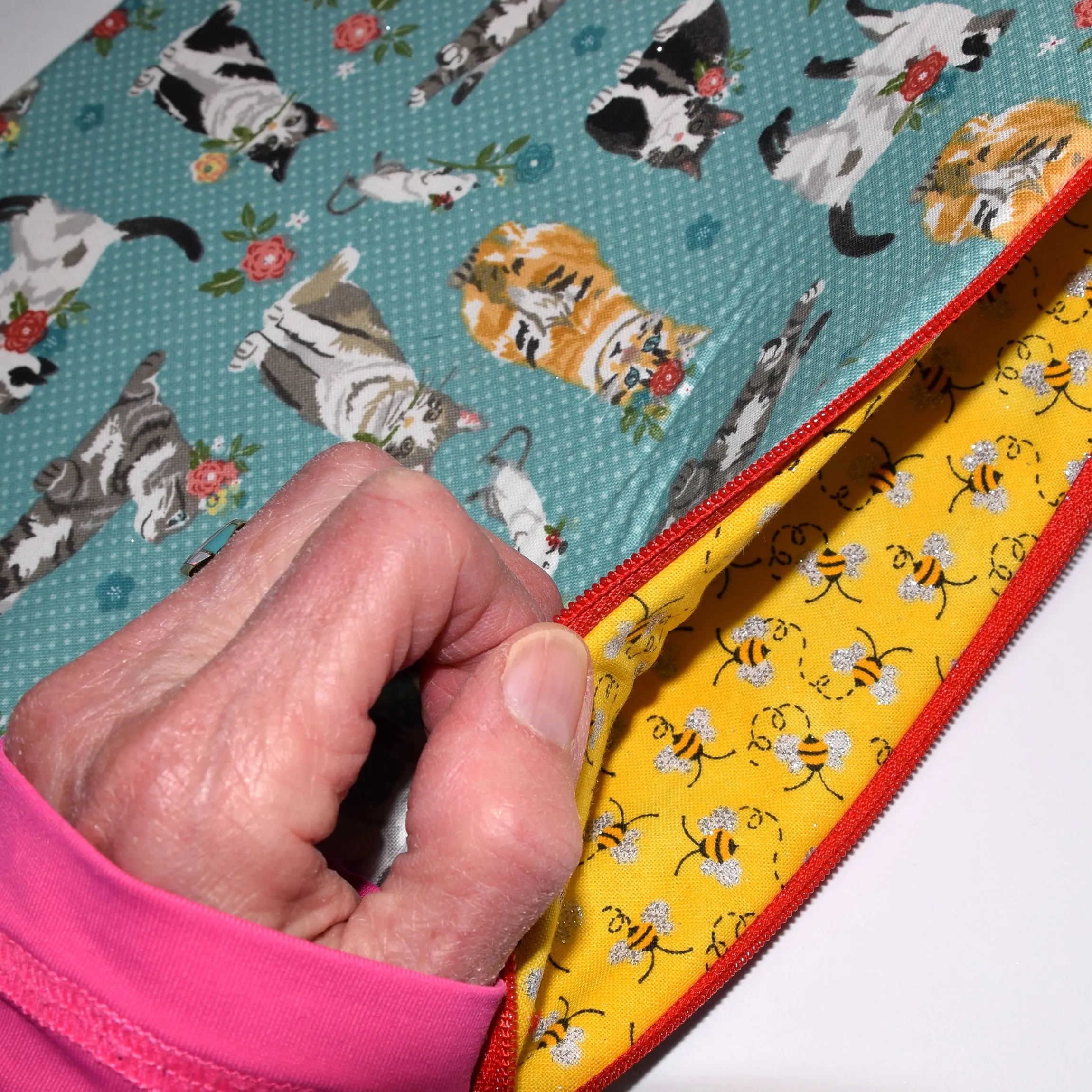 Cats Print Red Zippered Lined Cotton Sleeve with with Koi Zipper Pull