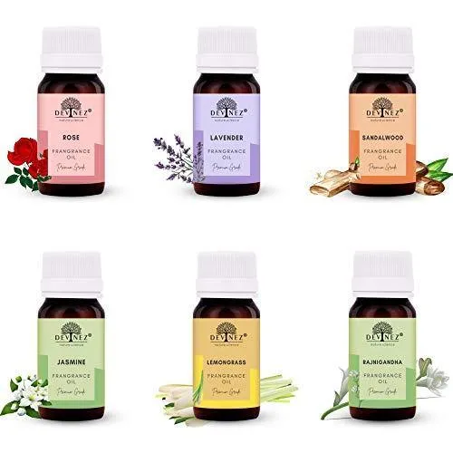 Devinez (NABL & IFRA Certified) Fragrance Oils Combo Pack of 6 (Rose, Lavender, Sandalwood, Lemongrass, Jasmine and Rajnigandha), 20ml Each ideal for Homemade Beauty Products | Soap making | Diffusers
