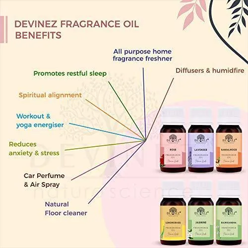 Devinez (NABL & IFRA Certified) Fragrance Oils Combo Pack of 6 (Rose, Lavender, Sandalwood, Lemongrass, Jasmine and Rajnigandha), 20ml Each ideal for Homemade Beauty Products | Soap making | Diffusers