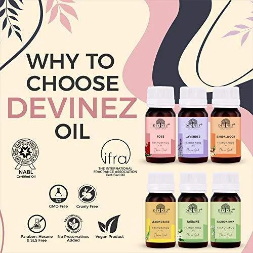 Devinez (NABL & IFRA Certified) Fragrance Oils Combo Pack of 6 (Rose, Lavender, Sandalwood, Lemongrass, Jasmine and Rajnigandha), 20ml Each ideal for Homemade Beauty Products | Soap making | Diffusers