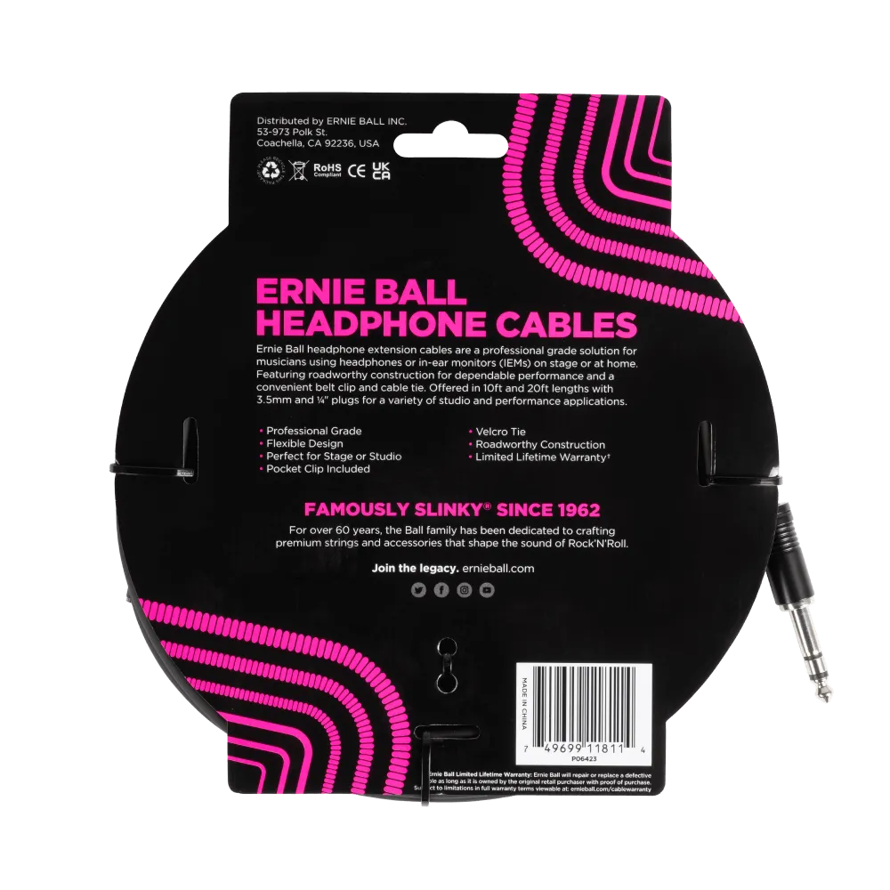Ernie Ball Headphone Extension Cable 1/4 To 3.5Mm 20Ft - Black