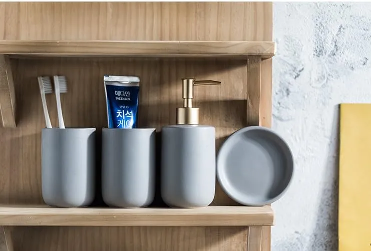 UMAI 4 Pcs Ceramic Bathroom Accessories Set - Tooth Brush Holder, Water Cup, Soap Dispenser, Soap Holder Dish for Bathroom (Grey)