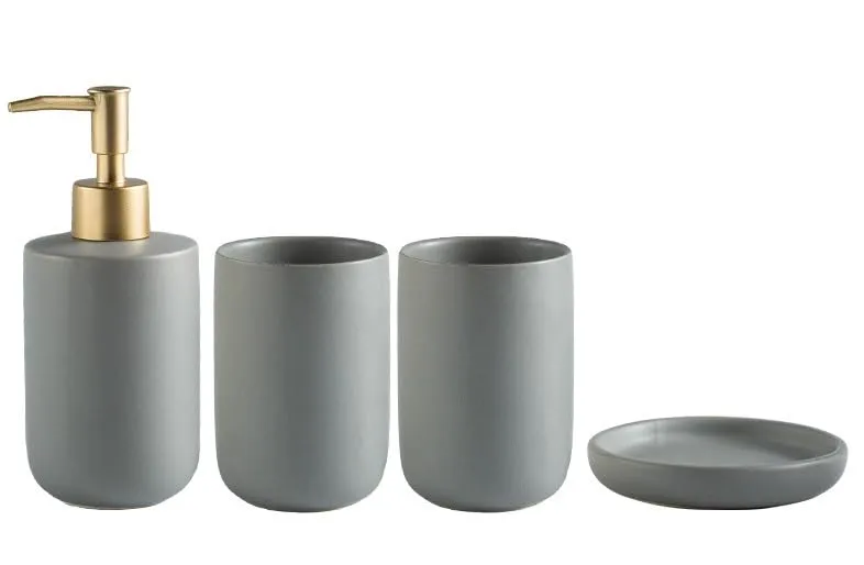 UMAI 4 Pcs Ceramic Bathroom Accessories Set - Tooth Brush Holder, Water Cup, Soap Dispenser, Soap Holder Dish for Bathroom (Grey)