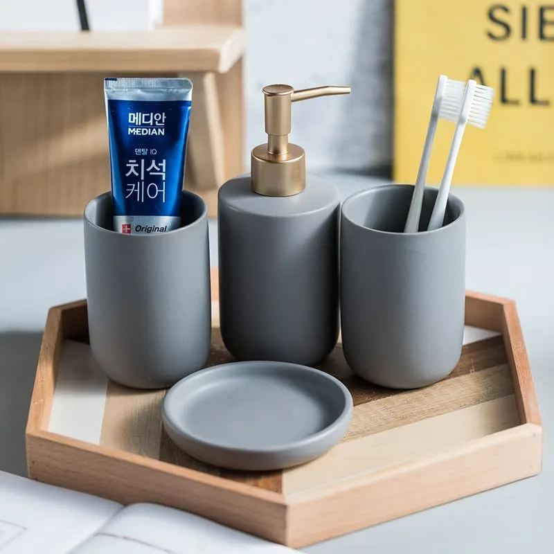 UMAI 4 Pcs Ceramic Bathroom Accessories Set - Tooth Brush Holder, Water Cup, Soap Dispenser, Soap Holder Dish for Bathroom (Grey)