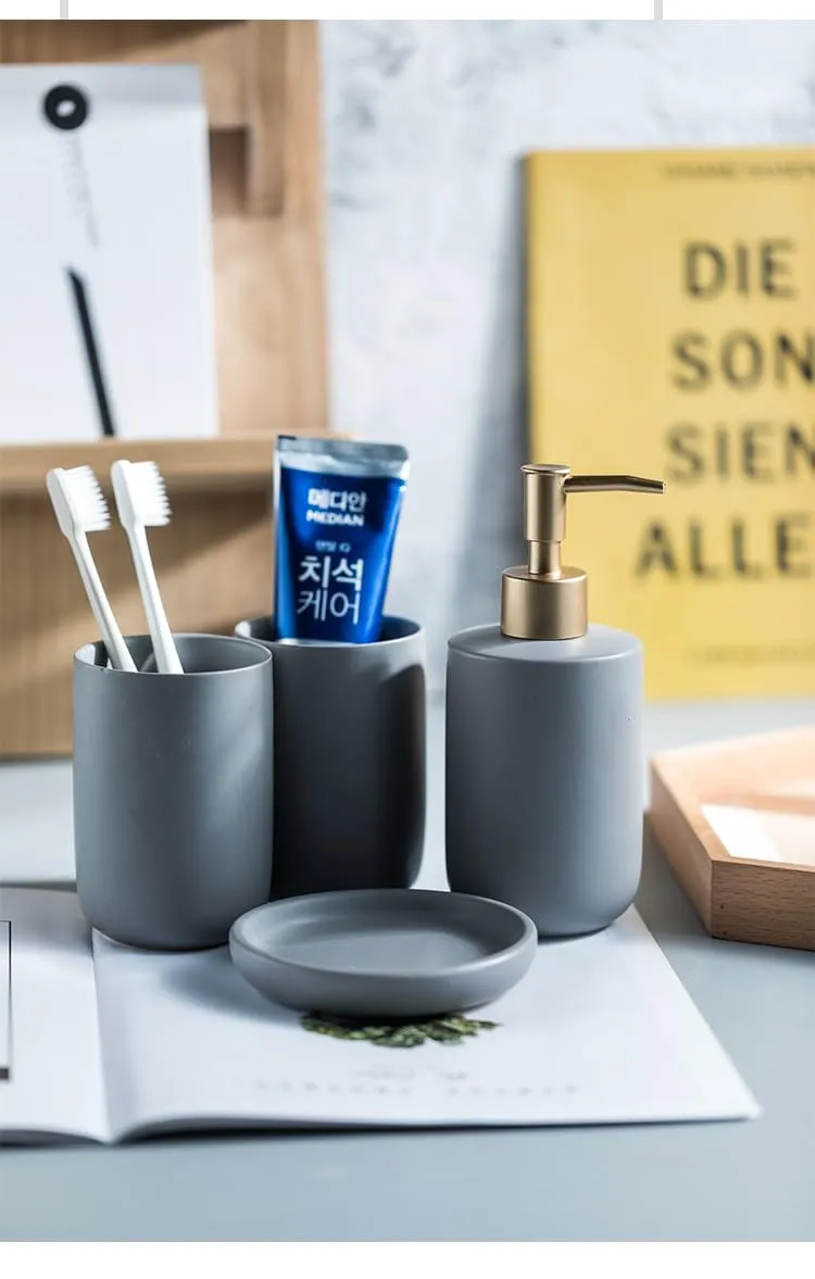 UMAI 4 Pcs Ceramic Bathroom Accessories Set - Tooth Brush Holder, Water Cup, Soap Dispenser, Soap Holder Dish for Bathroom (Grey)