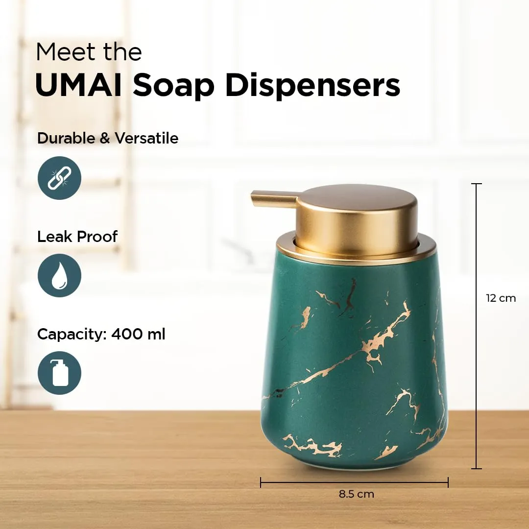 UMAI Liquid Soap Dispenser | Stoneware | Bathroom Sanitizer, Lotion, Shampoo Dispenser | Ceramic Handwash Bottle for Kitchen | Soap Dispenser for Wash Basin | Bathroom Accessories | 400 ml (Green)