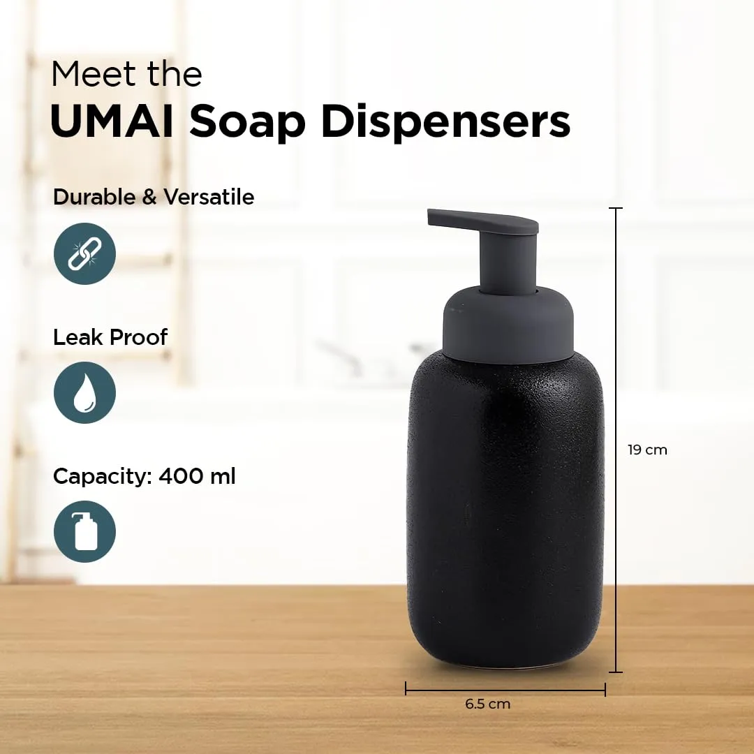 UMAI Liquid Soap Dispenser | Stoneware | Bathroom Sanitizer, Lotion, Shampoo Dispenser | Ceramic Handwash Bottle for Kitchen | Soap Dispenser for Wash Basin | Bathroom Accessories | 400ml (Black)